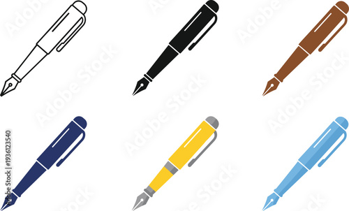 Elegant fountain pen vector icon set featuring luxury writing instruments in outline silhouette and colorful flat styles for stationery and office design.