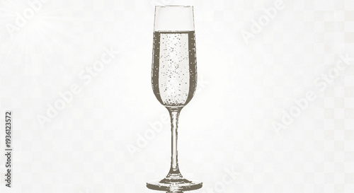 Elegant champagne flute filled with bubbly clear liquid on white background for celebration