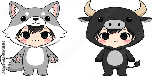 Cute Chibi Kids in Animal Costumes with Wolf and Bull Onesie Cartoon Characters Kawaii Vector Illustration for Mascot, Sticker, and Kids Design