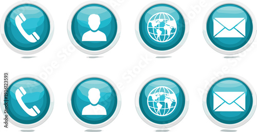 Glossy blue 3D contact icon set featuring telephone user profile global web and email symbols for website support and corporate communication