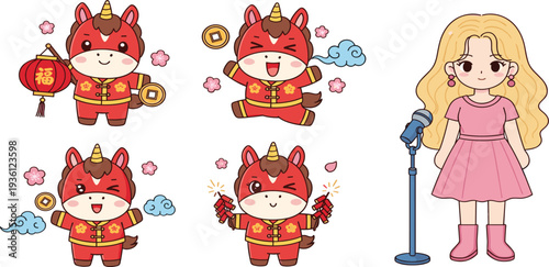 Cute Chinese New Year Zodiac Ox Cartoon Characters with Gold Coins Lantern Firecrackers and Singer Girl for Festive Holiday Illustration Design