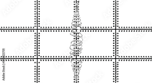 Industrial technical grid background featuring horizontal and vertical metal ring bindings with a central chrome spiral spring 3D element.
