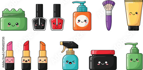 Cute Cosmetics and Makeup Products Cartoon Icon Set with Lipstick Nail Polish Cream Brush and Skincare Bottles for Beauty Branding Design
