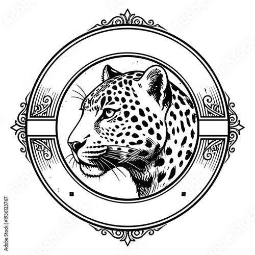 Leopard head logotype or mascot hand drawn ink sketch. Engraving style vector illustration.