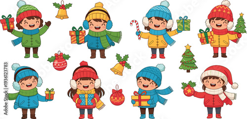 Cute Kids in Winter Clothes Holding Christmas Gifts and Decorations, Merry Christmas Holiday Cartoon Character Set Vector Illustration