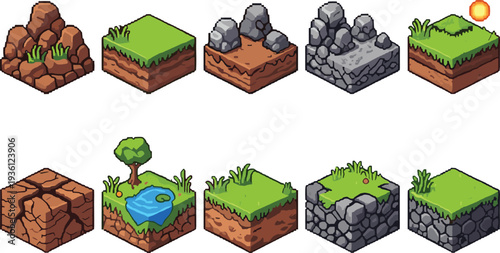 Isometric pixel art landscape terrain tiles featuring grass dirt rock mountains desert cracked earth and water pond for retro video game world building.