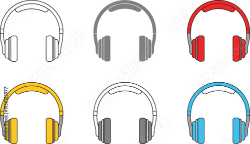 Minimalist flat vector headphone icon set in various colors for music apps, gaming interfaces, podcasting equipment, and modern audio technology design projects.