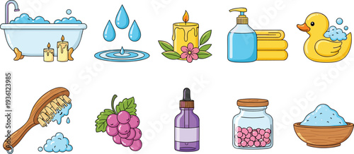 Luxury spa and wellness vector icon set featuring a bubble bath with candles water drops scented oil rubber duck bath salt and natural skin care elements.
