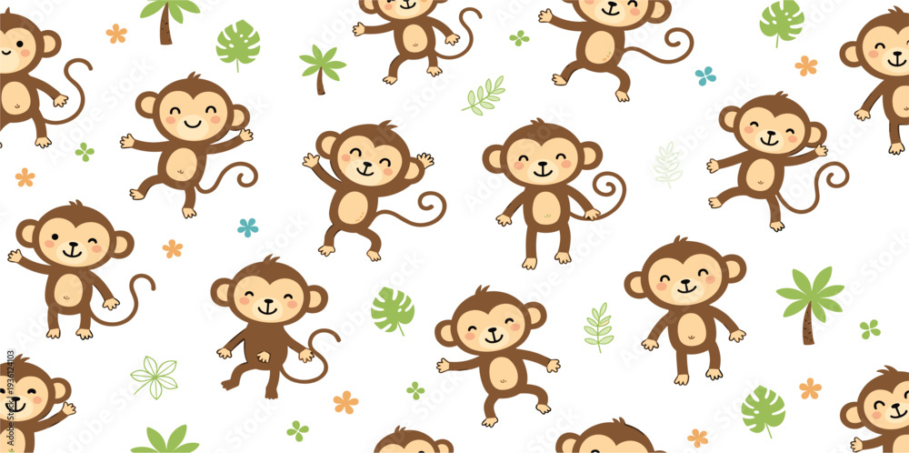 Obraz premium Cute Monkey Seamless Pattern with Tropical Leaves and Flowers Cartoon Background for Kids Nursery Decor, Textile Fabric Print, Wrapping Paper, and Wallpaper Design