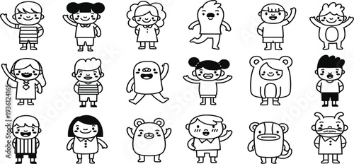 Cute Kids and Animal Cartoon Characters Line Art Set with Funny Children and Mascots Outline Collection for Coloring Pages, Nursery Designs, and Education Projects
