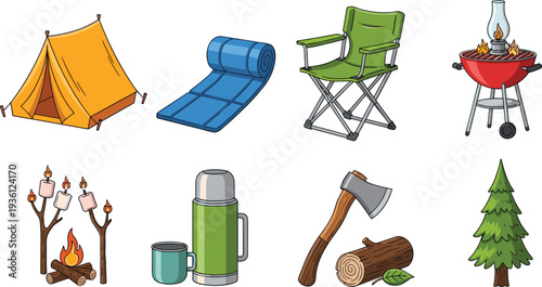 Outdoor camping adventure vector set featuring a tent sleeping mat folding chair barbecue grill campfire with marshmallows thermos axe with logs and pine tree.