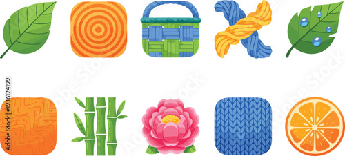 Nature inspired vector icon set featuring leaf bamboo flower orange fruit and various textures like knitting wood grain basket weaving and colorful abstract patterns.
