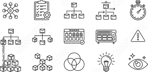 Professional business management icon set featuring project workflow symbols like hierarchy charts time tracking idea generation and data organization in thin line style