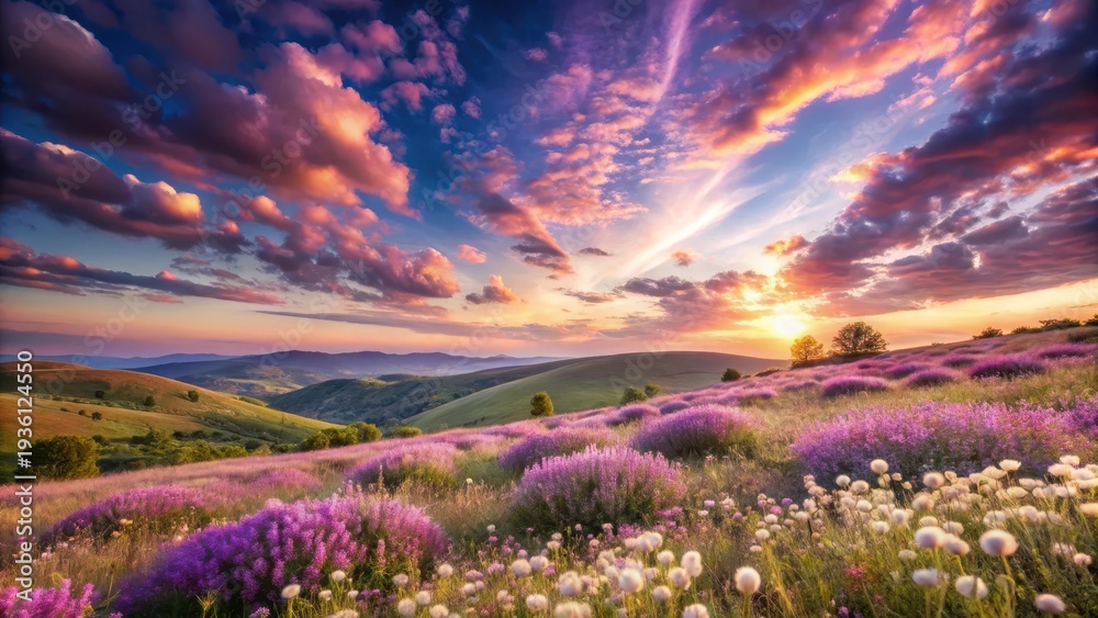 Obraz premium A photo of a tranquil purple landscape with fluffy white clouds floating gracefully across the sky, surrounded by rolling hills and wildflowers in v