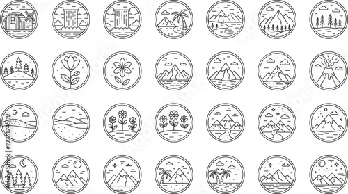 Set of minimalist circular line art icons featuring mountains waterfalls forests flowers and beach landscapes for outdoor adventure branding and travel logos
