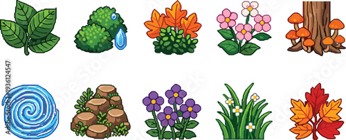 Retro pixel art nature icon set featuring forest elements like autumn leaves flowers bushes mushrooms tree trunks and water swirls for game design
