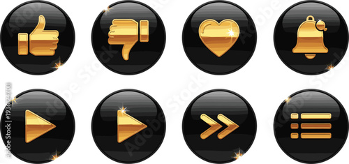 Set of luxury glossy golden interface buttons on black circular glass backgrounds featuring like dislike heart bell play next and menu icons for apps.