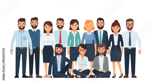 Diverse business team standing together colleagues in corporate clothing.