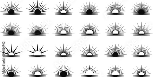 Set of minimalist sunburst and sunrise vector silhouettes with various line weights for boho branding retro logo design and summer sunburst elements