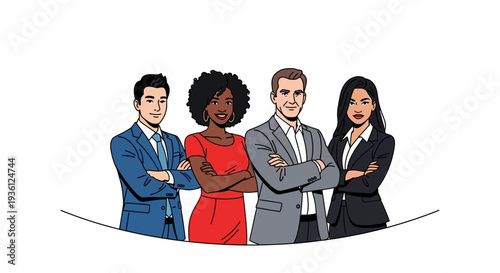 Diverse business team standing together confidently.