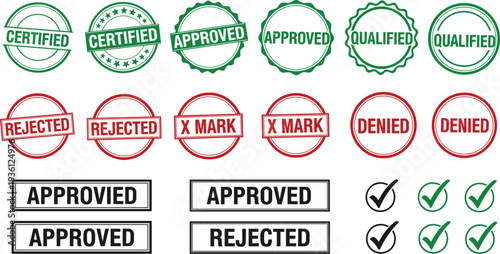 Set of rubber stamp vector icons including certified approved qualified rejected x mark and denied labels with grunge texture and checkmark symbols for business