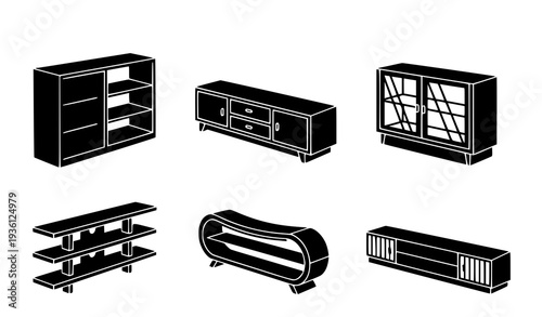 Isometric TV Stand Silhouette Collection with Media Console Cabinet Furniture Vector Set