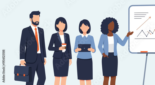 Business team analyzing graph on whiteboard together.