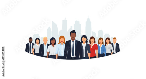 Diverse business team standing together in corporate attire.