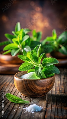 A realistic photo of Fresh Stevia Leaves and Natural Sweetener in Wooden Bowl on Rustic Table with Green Blurred Background