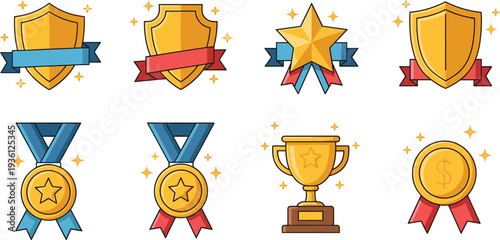 Achievement award icons set, gold shield badge, star medal trophy cup, victory reward symbols, success champion vector illustration