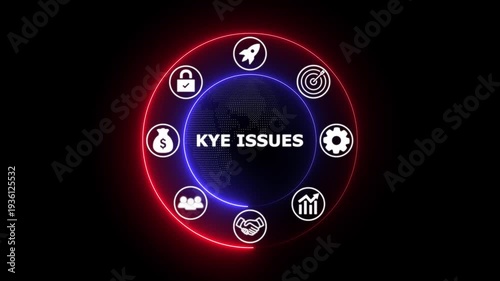 KYC verification issues concept with glowing icons on dark futuristic background