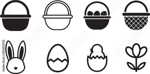 A set of vector line art silhouettes featuring Easter icons including baskets eggs and a bunny