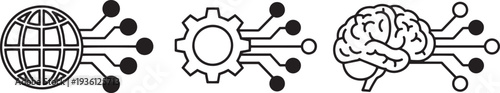 A set of vector line art silhouettes depicting global connection, mechanical gear, and human brain