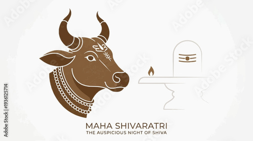Vector illustration of Nandi bull facing Shiva linga on Maha Shivaratri, symbolizing devotion and spirituality in Hindu tradition