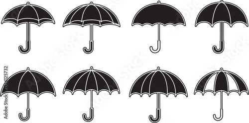 A set of vector umbrella silhouettes in various line art styles and designs on a white background