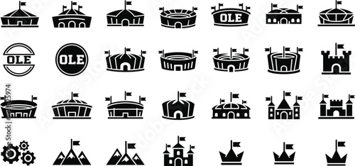 Arena stadium and castle icon collection with flags sports venues architecture symbols flat black silhouette vector set