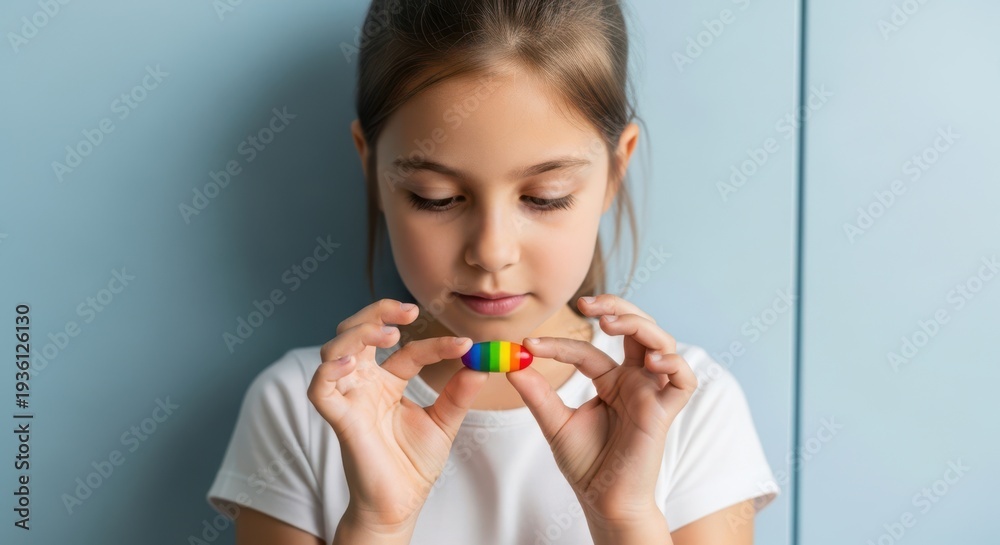 Naklejka premium A young girl holding colored pills in her hands