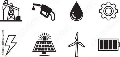 A set of vector line art silhouettes depicting various energy sources and power generation methods