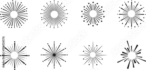 A set of vector line art silhouettes featuring various starburst designs in black on a white background