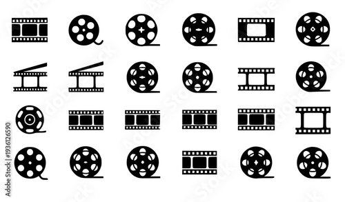 Black and White Film Reel and Film Strip Icon Set Vector