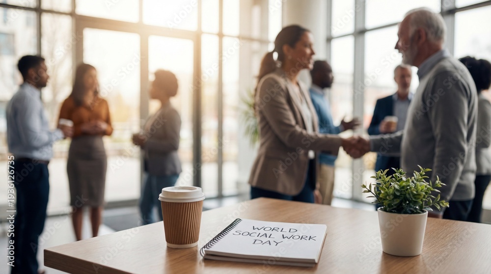 Fototapeta premium Diverse group of business professionals networking and shaking hands in a modern sunlit office.