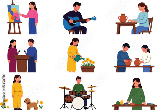 Cartoon illustration collage of nine diverse hobbies including painting, guitar, pottery, gardening, public speaking, drumming, crafting, pet care, and creative activities, s