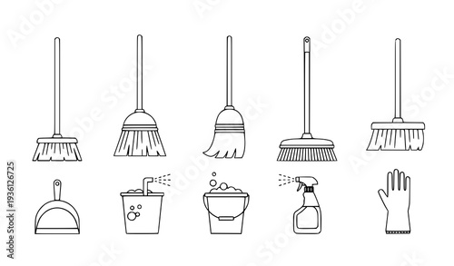 A set of cleaning tools and supplies in a simple line art style