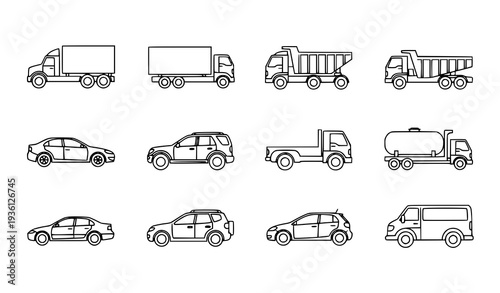 A collection of various vehicles in a simple line art style