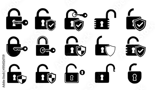 A set of black and white security icons featuring locks and shields
