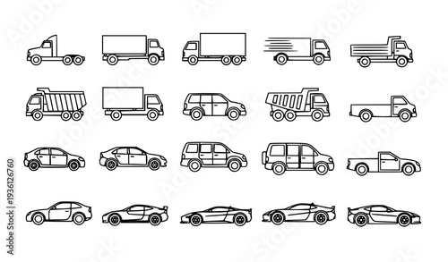 A collection of various vehicles in a simple line art style