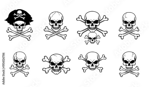 A set of black and white skull and crossbones vector illustrations