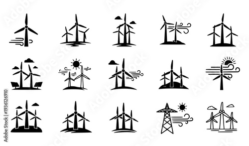 A set of black and white vector icons depicting wind turbines and renewable energy concepts