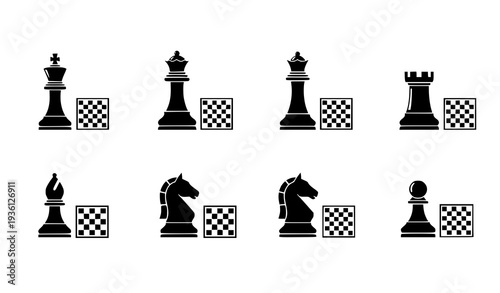 A set of black chess pieces and pawns on a white background