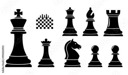 A set of black chess pieces and a chessboard on a white background